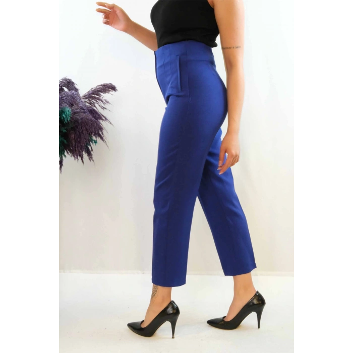 Moda Çizgi Yüksek Bel Pantolon Saks