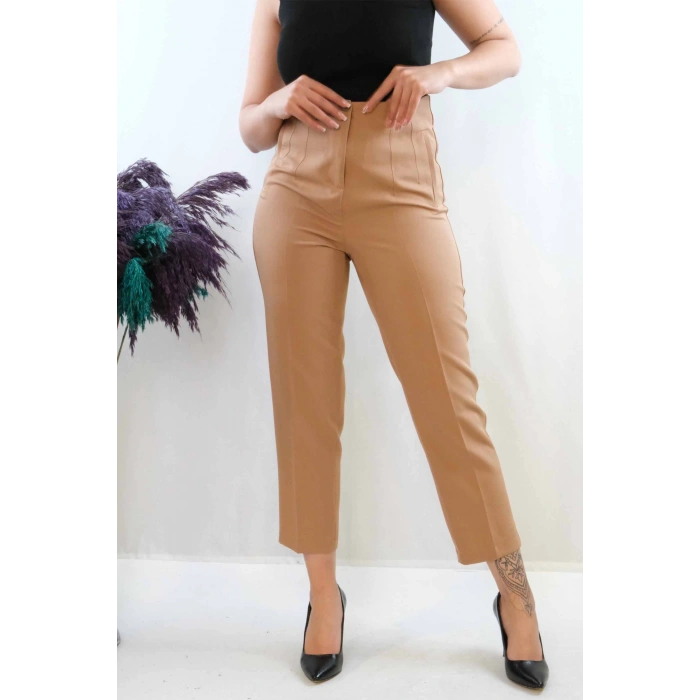 Moda Çizgi Yüksek Bel Pantolon Vizon