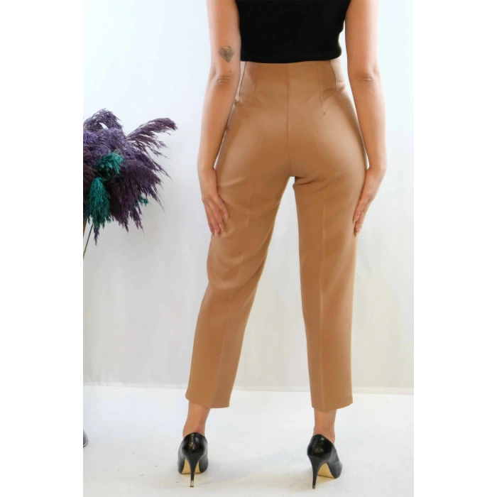 Moda Çizgi Yüksek Bel Pantolon Vizon