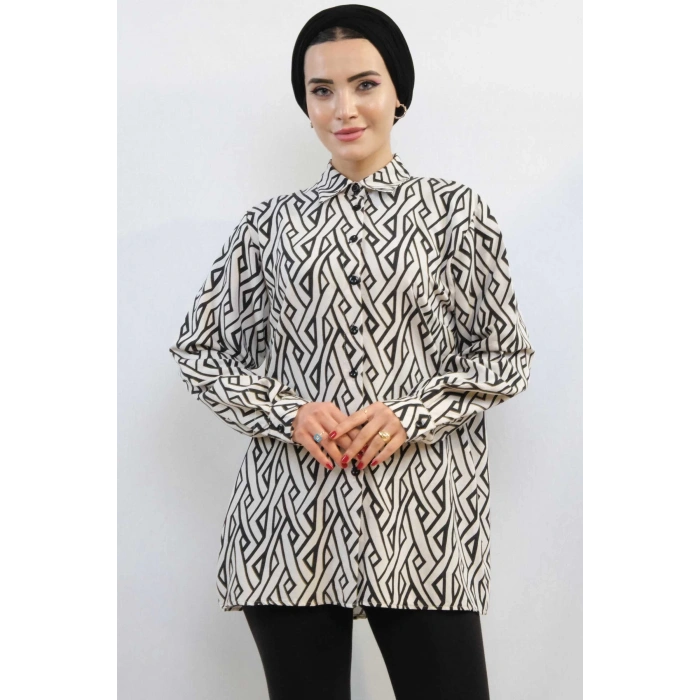 Moda Çizgi Zikzak Desenli Keten Gömlek MC4108