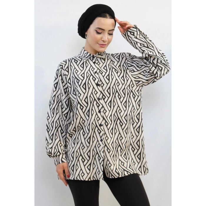 Moda Çizgi Zikzak Desenli Keten Gömlek MC4108