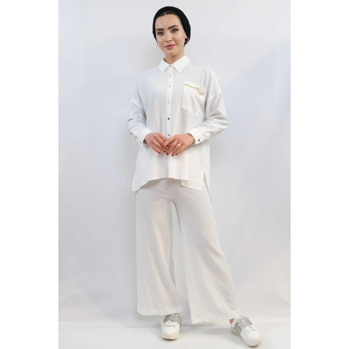 Moda Çizgi Zincir Aksesuarlı İkili Takım  Beyaz