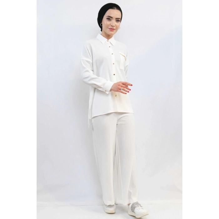 Moda Çizgi Zincir Aksesuarlı İkili Takım  Beyaz