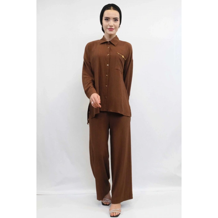 Moda Çizgi Zincir Aksesuarlı İkili Takım  Kahve