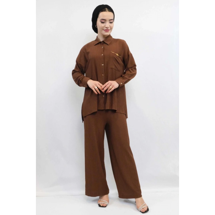 Moda Çizgi Zincir Aksesuarlı İkili Takım  Kahve