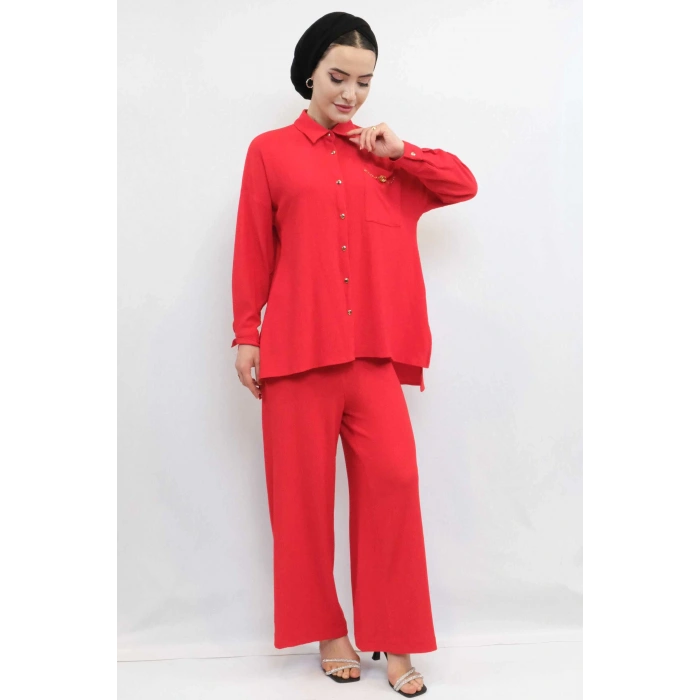 Moda Çizgi Zincir Aksesuarlı İkili Takım  Kırmızı