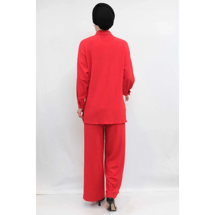 Moda Çizgi Zincir Aksesuarlı İkili Takım  Kırmızı