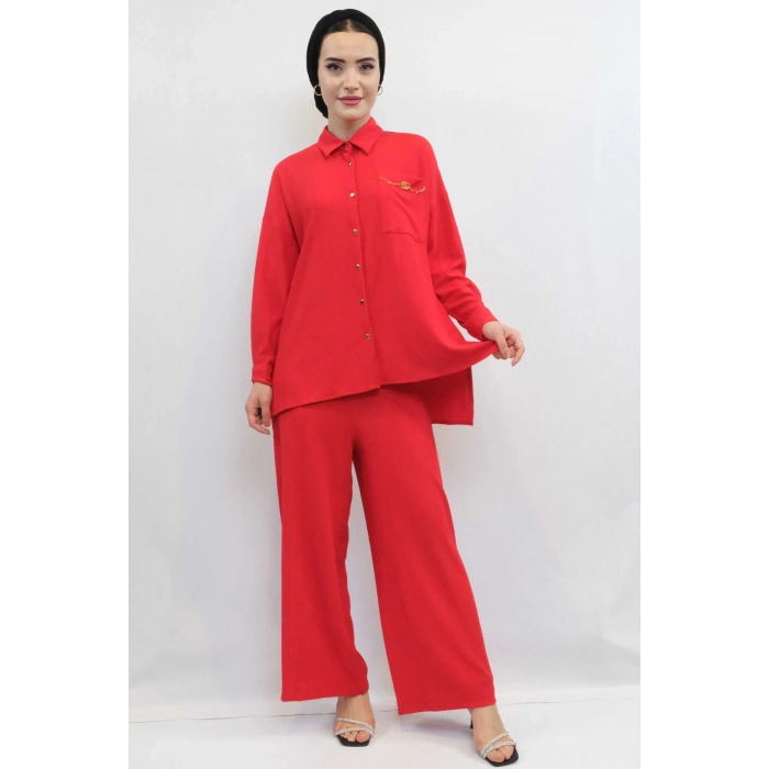Moda Çizgi Zincir Aksesuarlı İkili Takım  Kırmızı