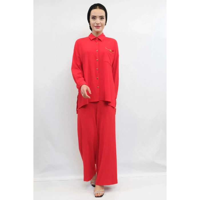Moda Çizgi Zincir Aksesuarlı İkili Takım  Kırmızı
