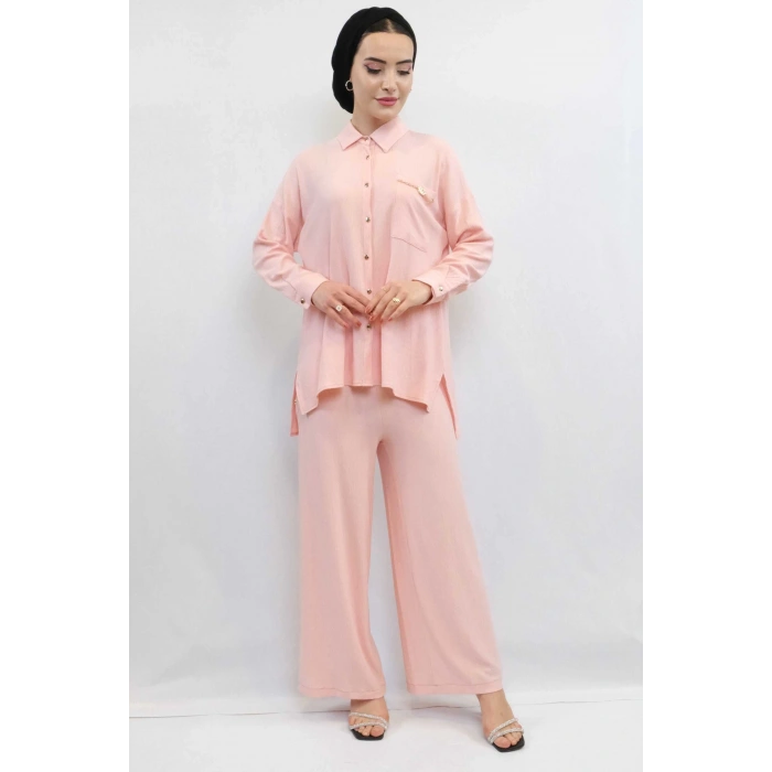 Moda Çizgi Zincir Aksesuarlı İkili Takım Pudra