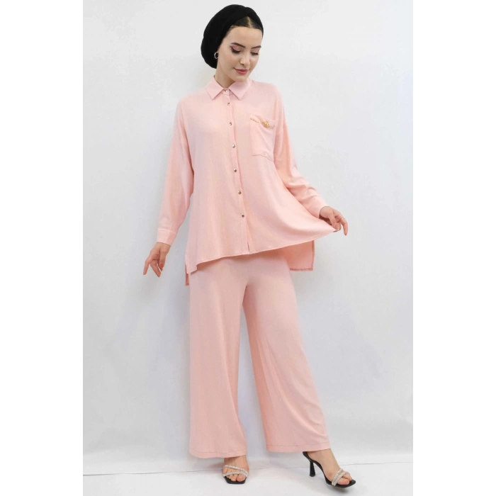 Moda Çizgi Zincir Aksesuarlı İkili Takım Pudra