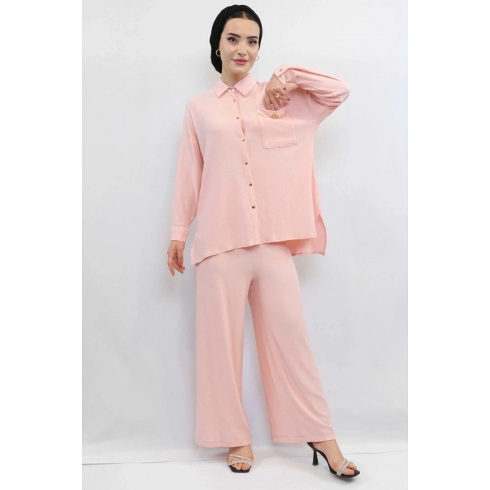 Moda Çizgi Zincir Aksesuarlı İkili Takım Pudra