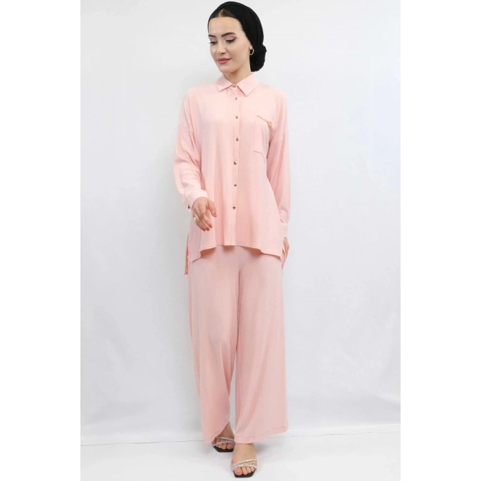 Moda Çizgi Zincir Aksesuarlı İkili Takım Pudra