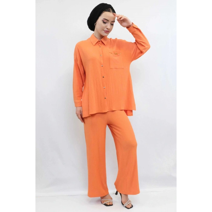 Moda Çizgi Zincir Aksesuarlı İkili Takım Turuncu