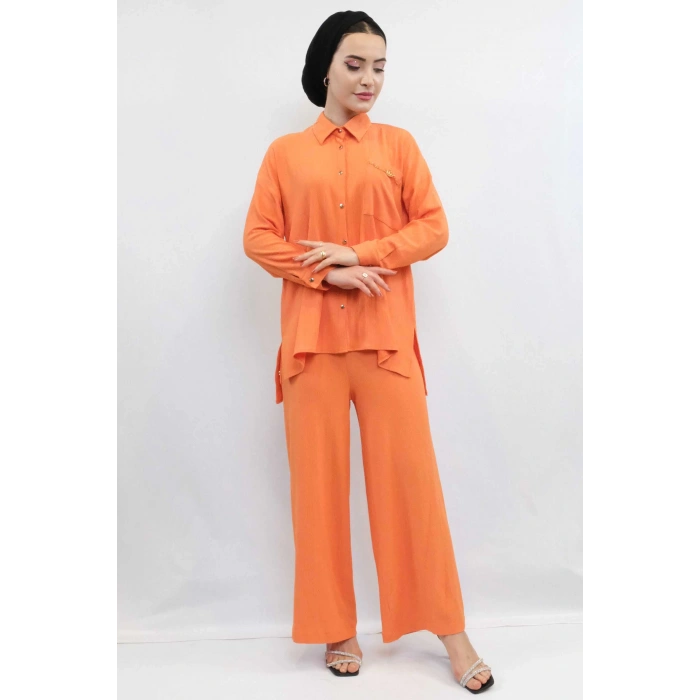 Moda Çizgi Zincir Aksesuarlı İkili Takım Turuncu