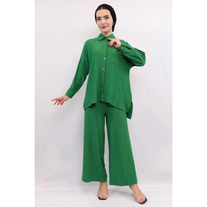Moda Çizgi Zincir Aksesuarlı İkili Takım Yeşil