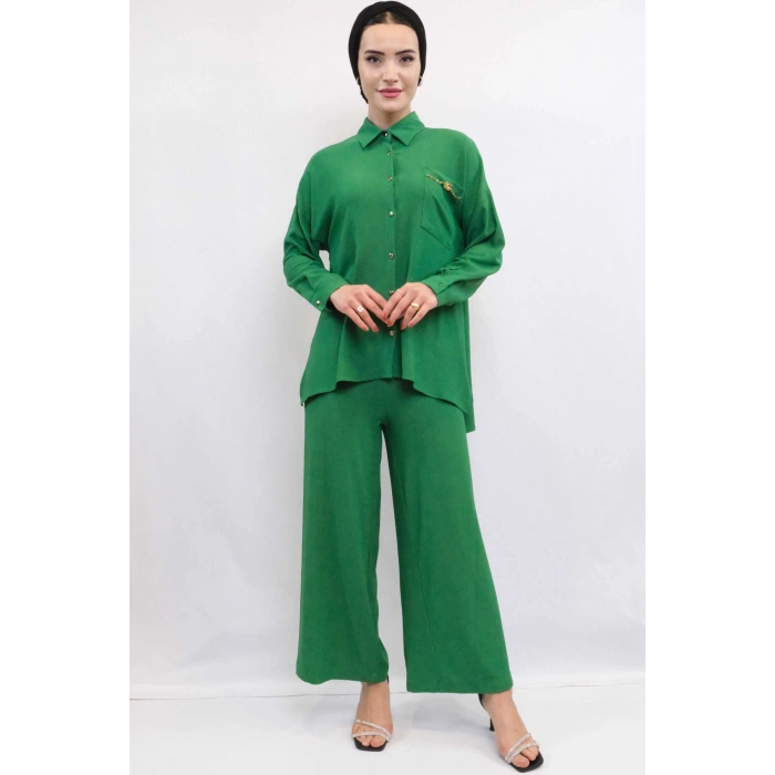 Moda Çizgi Zincir Aksesuarlı İkili Takım Yeşil