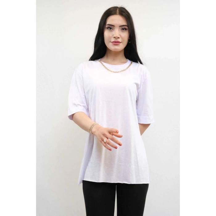 Moda Çizgi Zincir Aksesuarlı Tshirt Beyaz