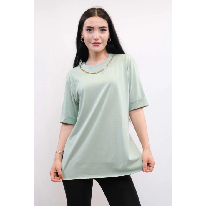 Moda Çizgi Zincir Aksesuarlı Tshirt Mint