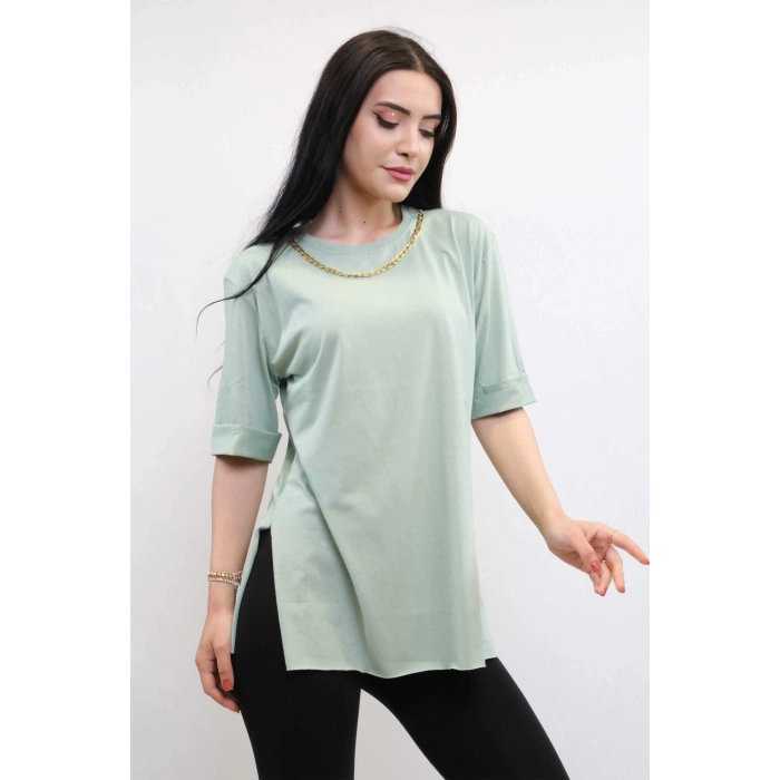 Moda Çizgi Zincir Aksesuarlı Tshirt Mint