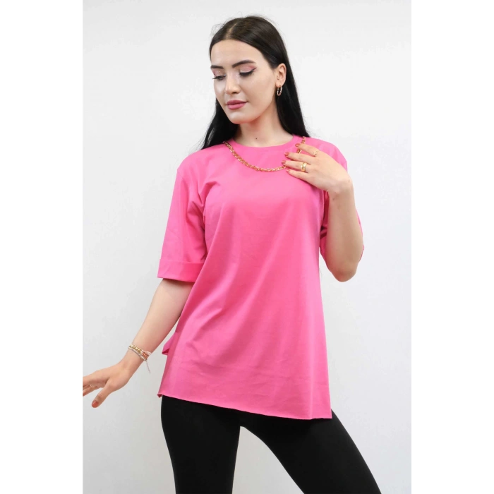 Moda Çizgi Zincir Aksesuarlı Tshirt Pembe