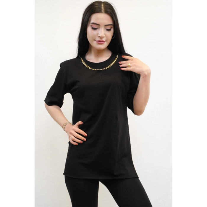 Moda Çizgi Zincir Aksesuarlı Tshirt Siyah