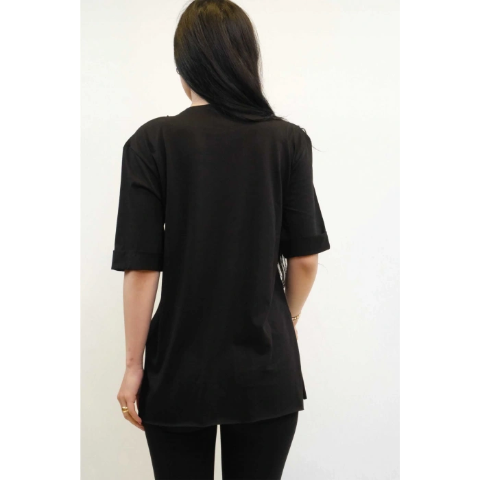 Moda Çizgi Zincir Aksesuarlı Tshirt Siyah