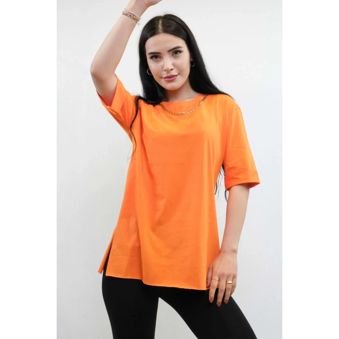Moda Çizgi Zincir Aksesuarlı Tshirt Turuncu