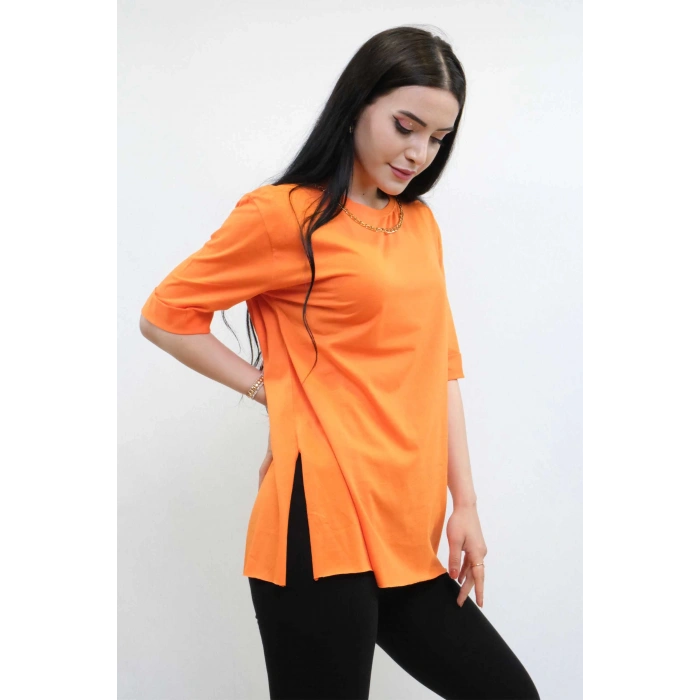 Moda Çizgi Zincir Aksesuarlı Tshirt Turuncu