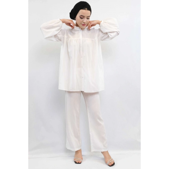 Moda Çizgili Robalı İkili Takım Ekru