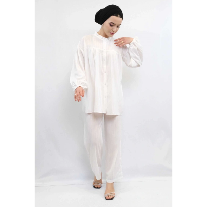 Moda Çizgili Robalı İkili Takım Ekru