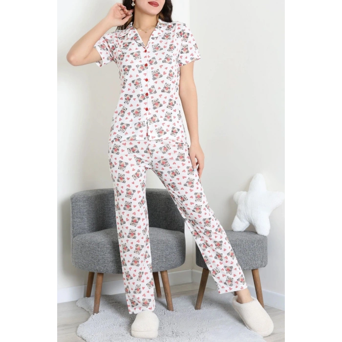 Modal Düğmeli Pijama Takımı Beyazpanda - 789.1287.