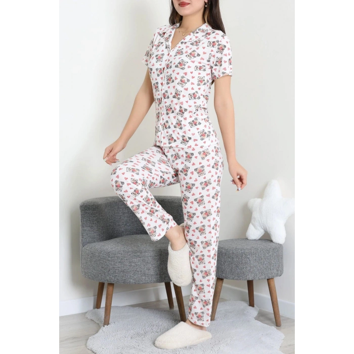 Modal Düğmeli Pijama Takımı Beyazpanda - 789.1287.