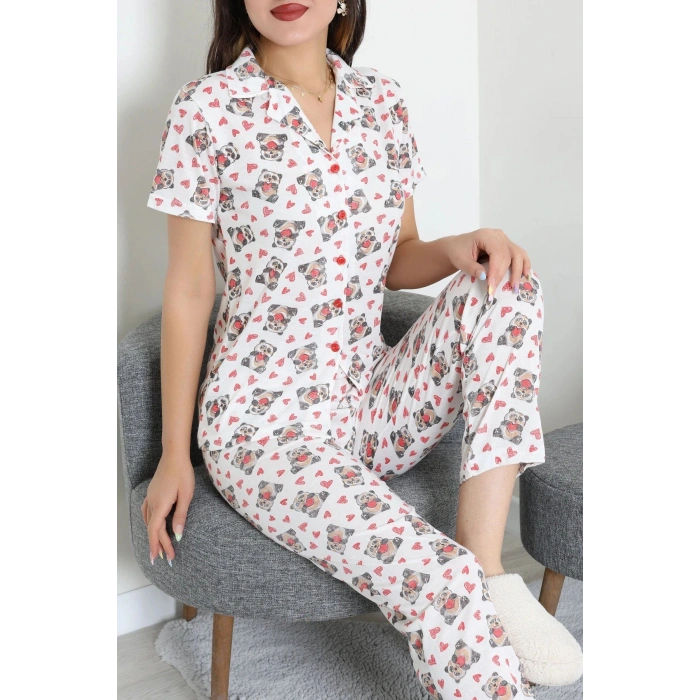 Modal Düğmeli Pijama Takımı Beyazpanda - 789.1287.