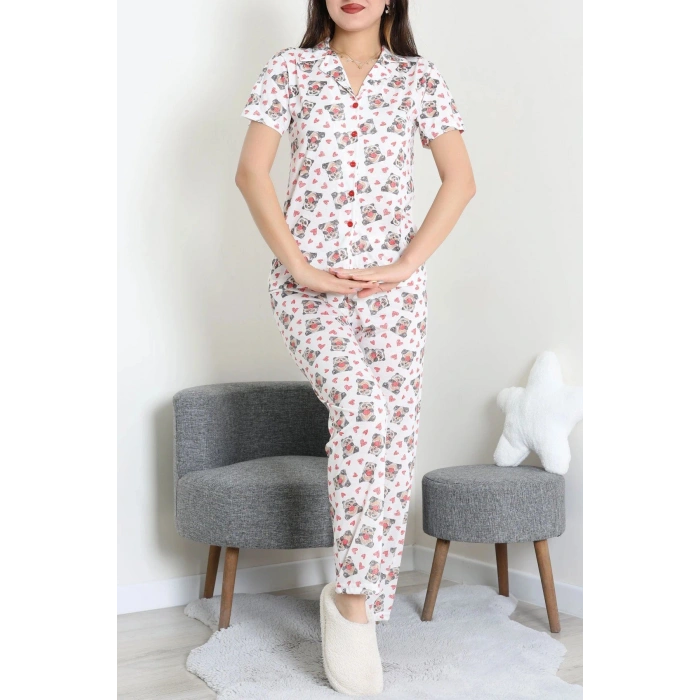 Modal Düğmeli Pijama Takımı Beyazpanda - 789.1287.