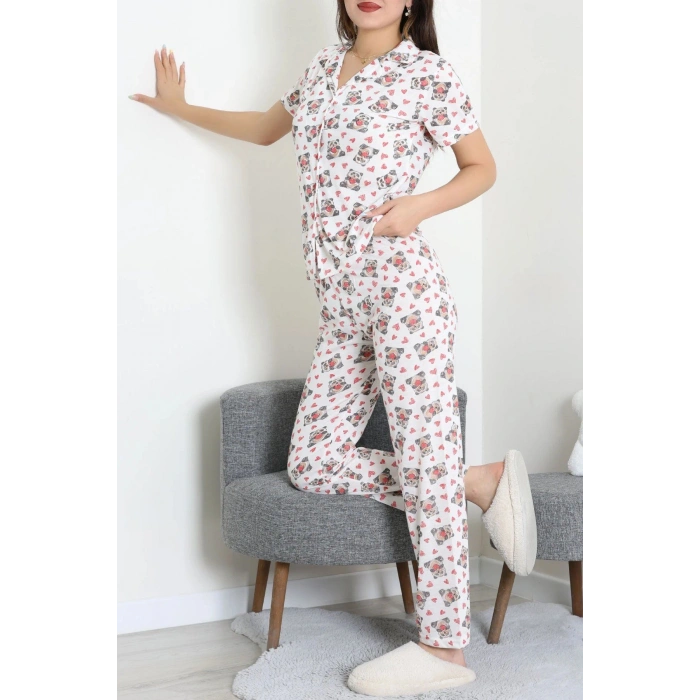 Modal Düğmeli Pijama Takımı Beyazpanda - 789.1287.