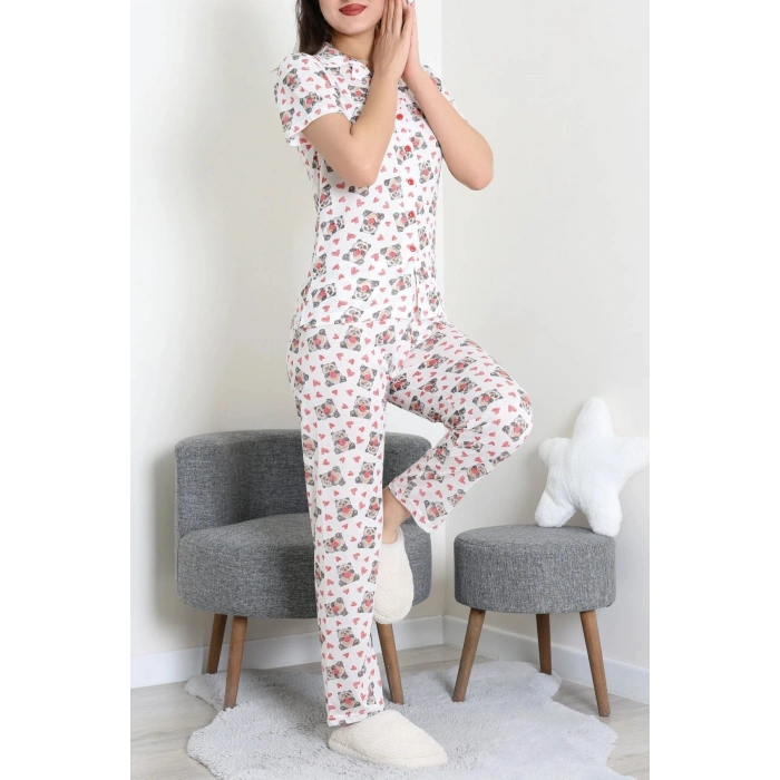 Modal Düğmeli Pijama Takımı Beyazpanda - 789.1287.