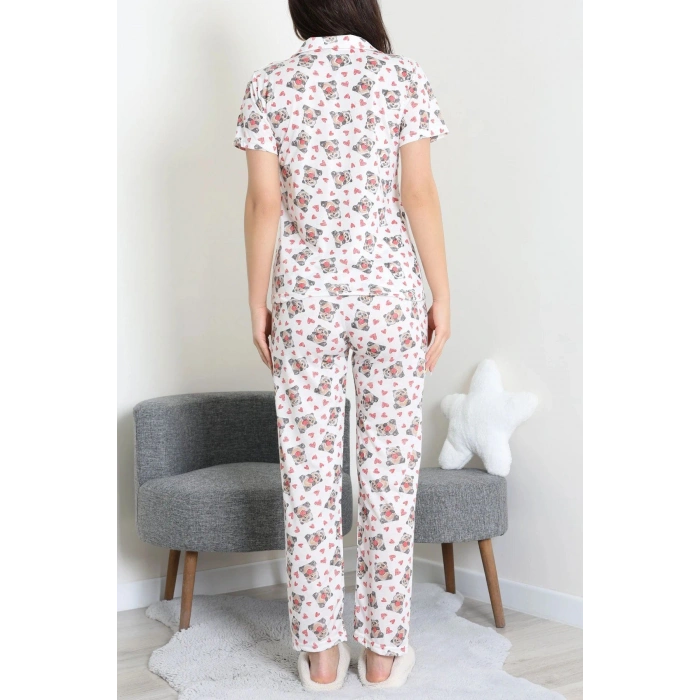 Modal Düğmeli Pijama Takımı Beyazpanda - 789.1287.