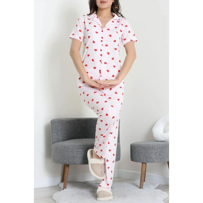 Modal Düğmeli Pijama Takımı Kırmızıkalp - 789.1287.