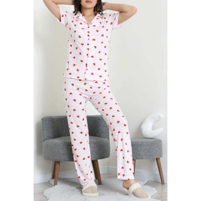 Modal Düğmeli Pijama Takımı Kırmızıkalp - 789.1287.