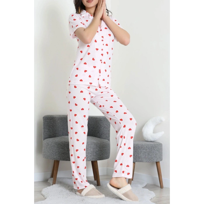 Modal Düğmeli Pijama Takımı Kırmızıkalp - 789.1287.