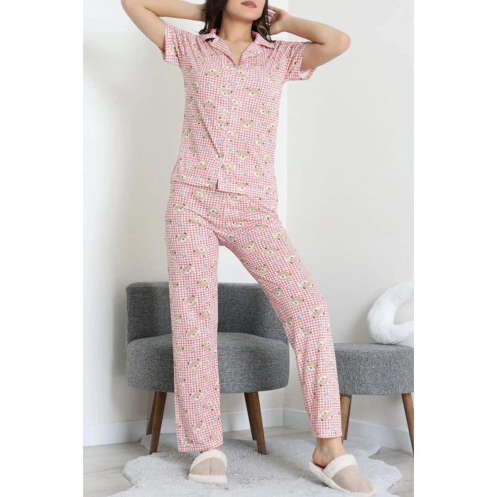 Modal Düğmeli Pijama Takımı Kırmızıkare - 789.1287.