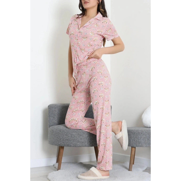 Modal Düğmeli Pijama Takımı Kırmızıkare - 789.1287.