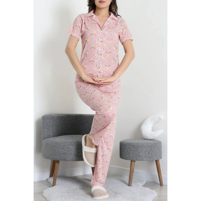 Modal Düğmeli Pijama Takımı Kırmızıkare - 789.1287.