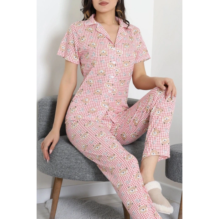 Modal Düğmeli Pijama Takımı Kırmızıkare - 789.1287.