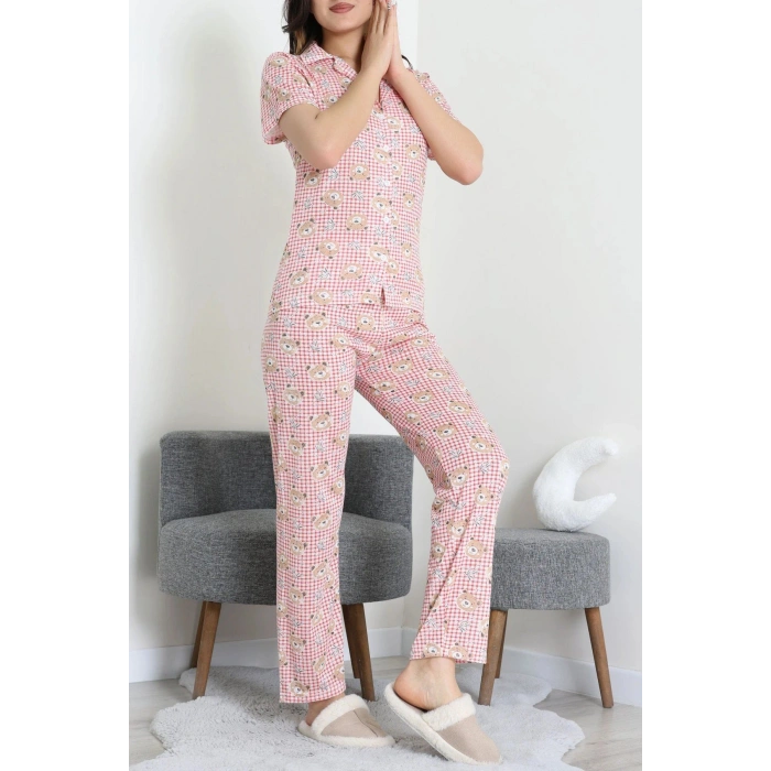 Modal Düğmeli Pijama Takımı Kırmızıkare - 789.1287.