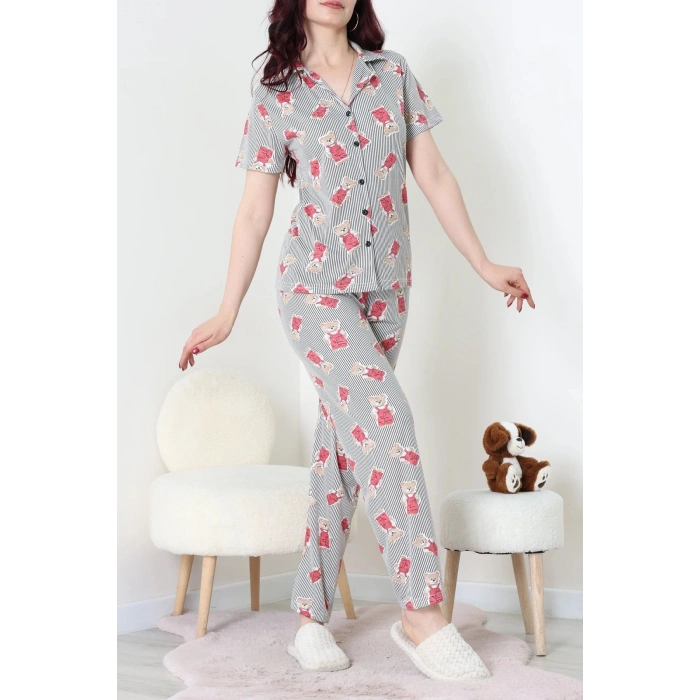 Modal Düğmeli Pijama Takımı Siyahçizgili - 789.1287.