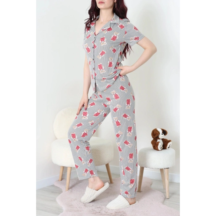 Modal Düğmeli Pijama Takımı Siyahçizgili - 789.1287.