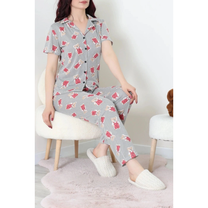 Modal Düğmeli Pijama Takımı Siyahçizgili - 789.1287.