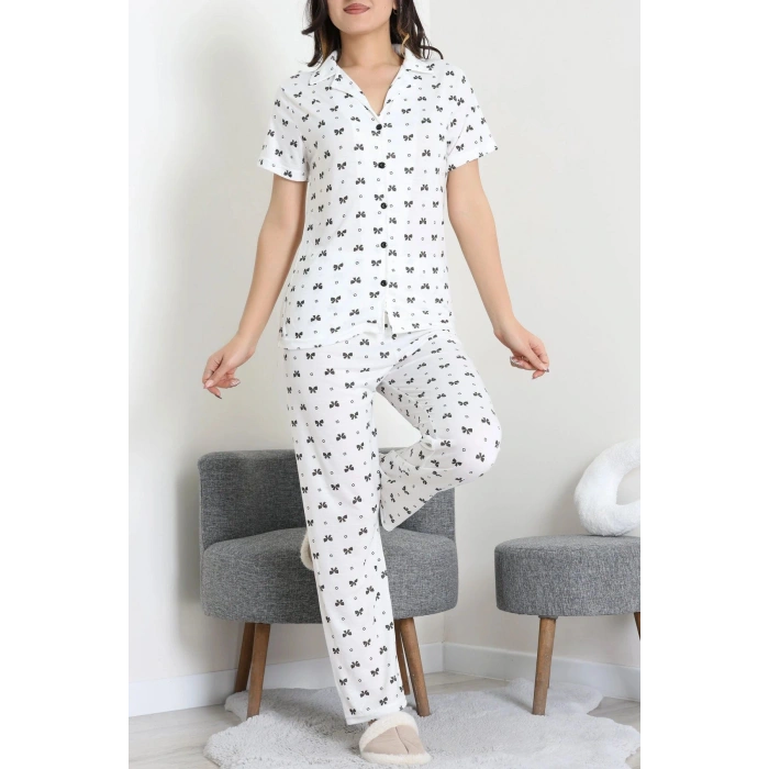 Modal Düğmeli Pijama Takımı Siyahkurdele - 789.1287.